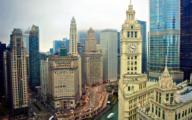 Обои картинки фото города, Чикаго , сша, небоскребы, часы, башня