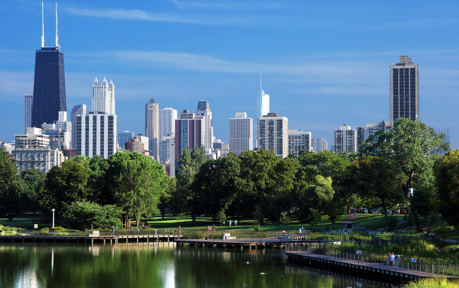 Обои картинки фото города, Чикаго , сша, река, парк, небоскребы