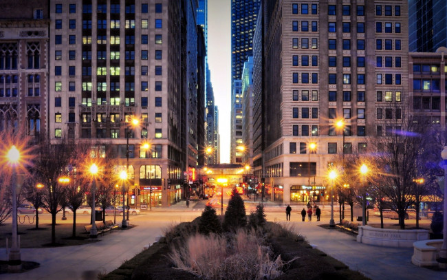 Обои картинки фото города, Чикаго , сша, вечер, улица, фонари