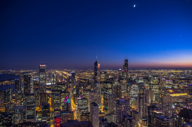 Обои картинки фото города, Чикаго , сша, луна, ночь, небоскребы