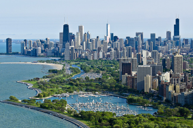 Обои картинки фото города, Чикаго , сша, небоскребы, яхты, залив