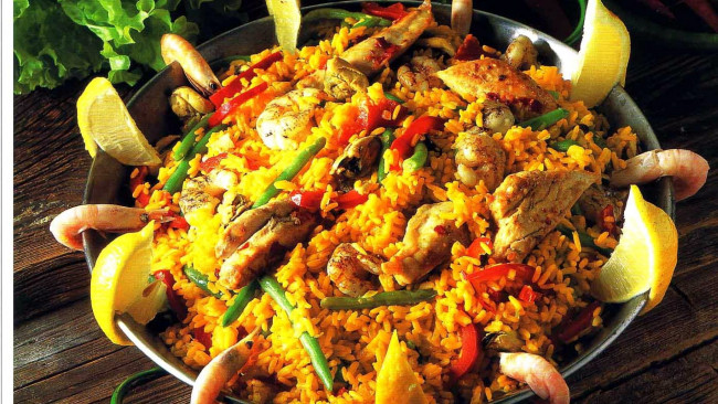 Обои картинки фото еда, рыбные блюда,  с морепродуктами, паэлья, креветки, мидии, рис, кухня, испанская