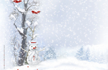 обоя календари, праздники,  салюты, зима, снег, рябина, дерево, снеговик