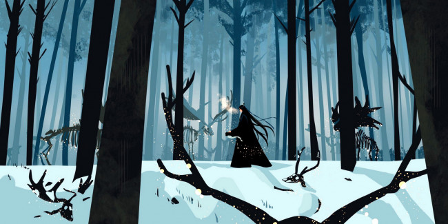 Обои картинки фото аниме, mo dao zu shi, лань, ванцзи, лес, олени, скелеты, снег