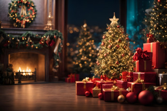 обоя праздничные, - разное , новый год, украшения, комната, шары, елка, интерьер, новый, год, рождество, подарки