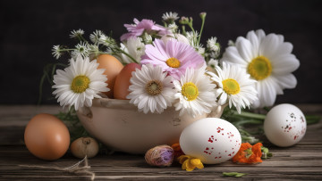 Картинка праздничные пасха цветы стол праздник яйцо яйца букет весна