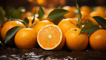 Картинка разное компьютерный+дизайн листья вода капли влага апельсины фрукты цитрусы сочные