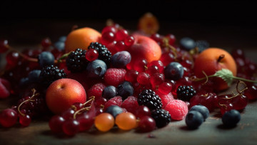 Картинка рисованное еда капли макро ягоды малина темный фон черника клубника фрукты