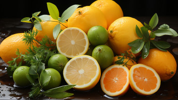 обоя рисованное, еда, листья, вода, капли, влага, апельсины, фрукты, цитрусы, сочные