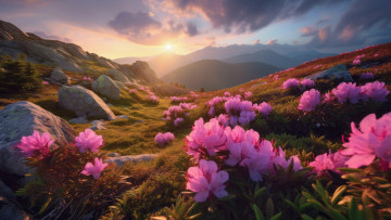 обоя рисованное, природа, цветы, горы, склоны, весна, азия, розовые, кусты