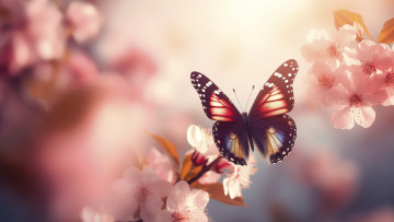 обоя рисованное, животные,  бабочки, свет, бабочки, цветы, ветки, бабочка, весна, розовые, цветение