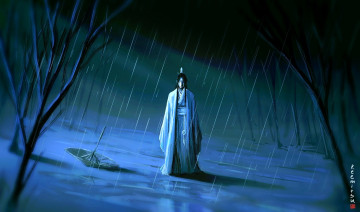 обоя аниме, mo dao zu shi, лань, ванцзи, зонт, дождь, слезы, лес