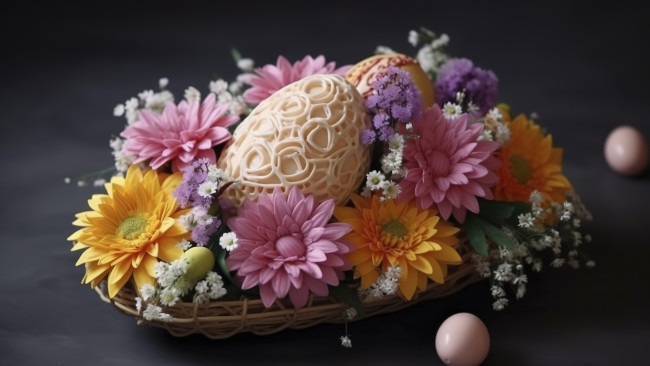 Обои картинки фото праздничные, пасха, стол, праздник, яйцо, яйца, букет, весна