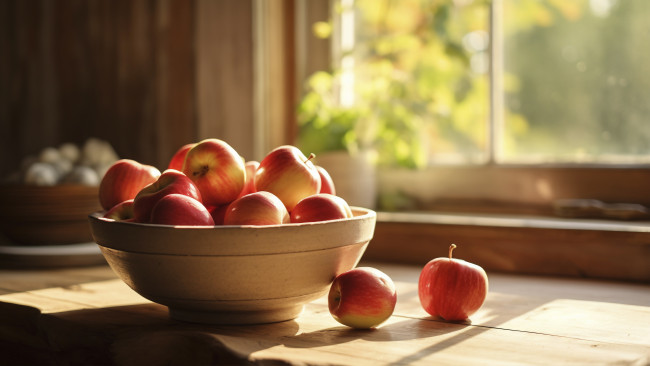 Обои картинки фото рисованное, еда, свет, стол, яблоки, яблоко, окно, кухня, миска