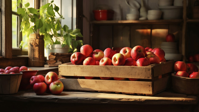 Обои картинки фото рисованное, еда, свет, стол, яблоки, яблоко, окно, кухня, миска, ии-арт