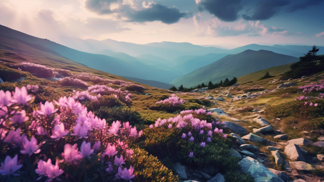 Обои картинки фото рисованное, природа, цветы, горы, склоны, весна, азия, розовые, кусты