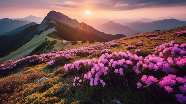 Обои картинки фото рисованное, природа, цветы, горы, склоны, весна, азия, розовые, кусты