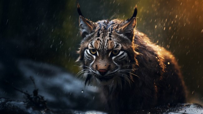 Обои картинки фото рисованное, животные,  рыси, взгляд, дождь, морда, хищник, рысь, цифровое, искусство, большая, кошка, мокрый