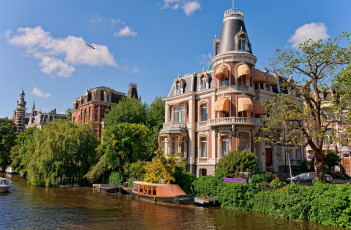 обоя амстердам, города, нидерланды, канал, гостиница, лодки
