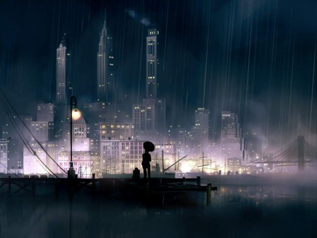 Обои картинки фото аниме, *unknown, другое, ночь, дождь, город