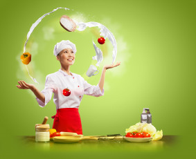 Картинка разное компьютерный дизайн перчик помидоры тёрка капуста овощи улыбка повар кухня азиатка
