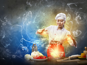 Картинка разное компьютерный дизайн помидоры овощи капуста тёрка дым повар девушка азиатка