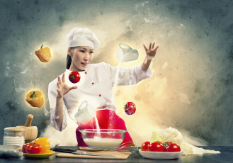 Картинка разное компьютерный дизайн мука молоко помидоры перчик овощи повар девушка