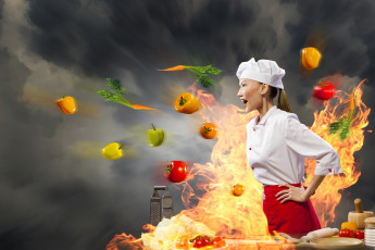 Картинка разное компьютерный дизайн овощи перчик морковь огонь помидоры тёрка азиатка повар девушка