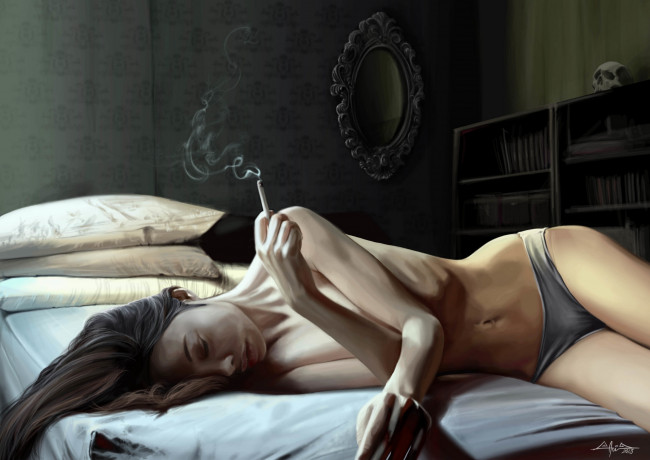 Обои картинки фото david, garc&, 237, рисованные, garcia, девушка, кровать, сигарета, 