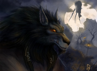 Картинка фэнтези существа деревья фонари луна оборотень ночь полная волк