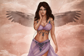 обоя ангел, фэнтези, ангелы, взгляд, лицо, крылья, рука, костюм, грудь, девушка