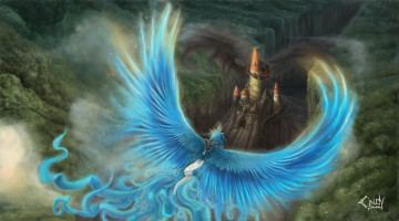 Картинка фэнтези красавицы+и+чудовища полет башни птица замок дракон девушка