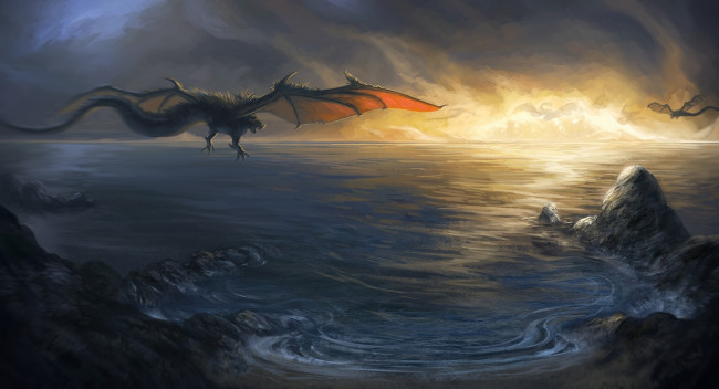 Обои картинки фото фэнтези, драконы, море, скалы, берег, закат