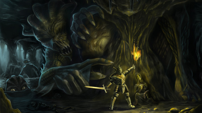 Обои картинки фото фэнтези, существа, чудовища, кости, факел, доспехи, меч, рыцарь, воин, пещера, монстры