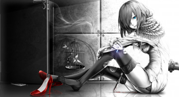 Картинка аниме оружие +техника +технологии взгляд девушка арт bouno satoshi туфли кровь сигарета нож клетка