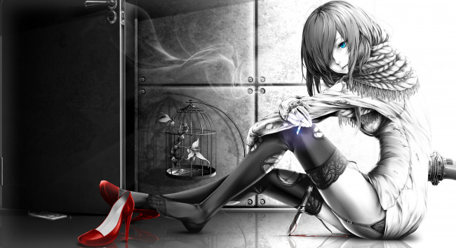 Обои картинки фото аниме, оружие,  техника,  технологии, взгляд, девушка, арт, bouno, satoshi, туфли, кровь, сигарета, нож, клетка