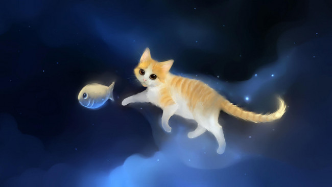 Обои картинки фото рисованное, животные, рыбка, кот