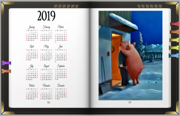 обоя календари, рисованные,  векторная графика, мужчина, поросенок, дом, свинья, снег