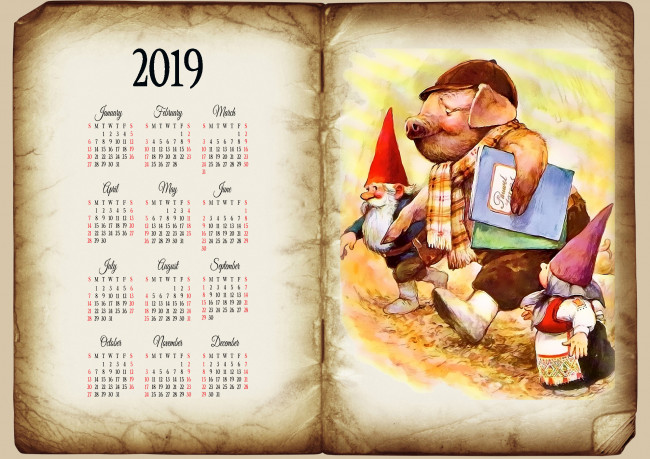 Обои картинки фото календари, рисованные,  векторная графика, поросенок, одежда, свинья, бабушка, гном, дедушка