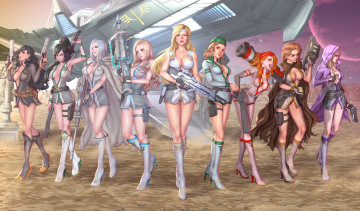 Картинка аниме оружие +техника +технологии девушки фон взгляд униформа