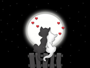 Картинка рисованное животные +коты коты пара сердечки луна забор