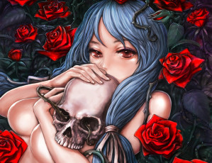 Картинка фэнтези девушки цветы череп розы