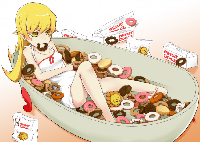 Обои картинки фото аниме, bakemonogatari, желтые, волосы, ванна, пончики, oshino shinobu, девушка, еда