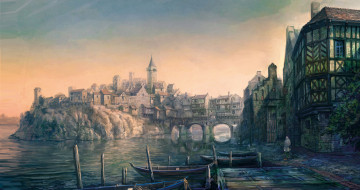 Картинка the witcher wild hunt видео игры лодки пристань набережная здания город