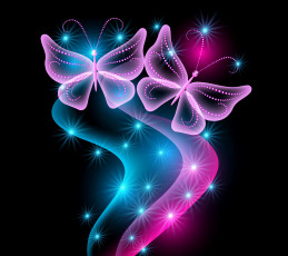 обоя векторная графика, neon, butterflies, abstract, blue, pink, sparkle, glow, бабочки, неоновые