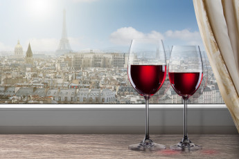 обоя еда, напитки,  вино, окно, город, париж, эйфелева, башня, подоконник, вино, красное, бокалы, занавеска, облака