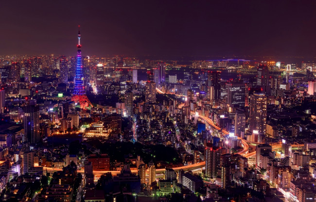 Обои картинки фото города, токио , Япония, огни, подсветка, город, ночь, tokyo, мост, небоскребы, дороги, здания, gate, bridge, japan, токио, панорама, телевизионная, башня, tower, odaiba