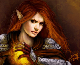 Картинка фэнтези эльфы броня эльфийка магия рыжая девушка арт уши