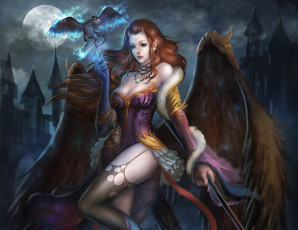 Картинка фэнтези демоны арт крылья ночь город птица демон девушка луна рога замок