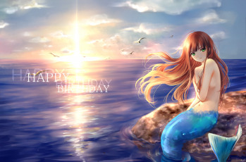 Картинка аниме животные +существа солнце русалка море девушка clouble небо закат чайки